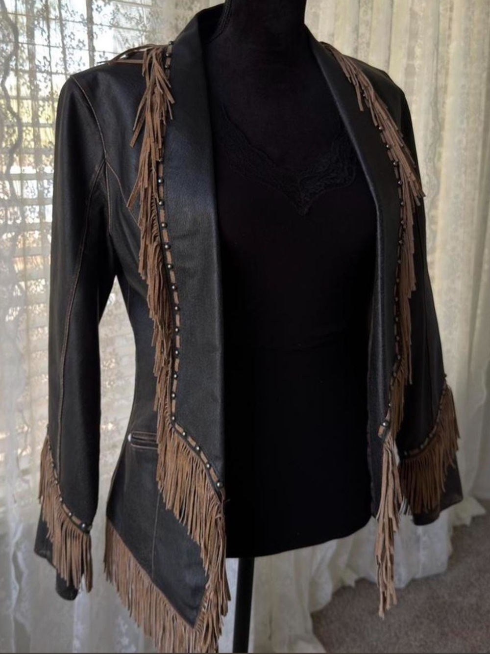 Cripple Creek black leather jacket contrasting brown fringe studs RTL $495 S EUC